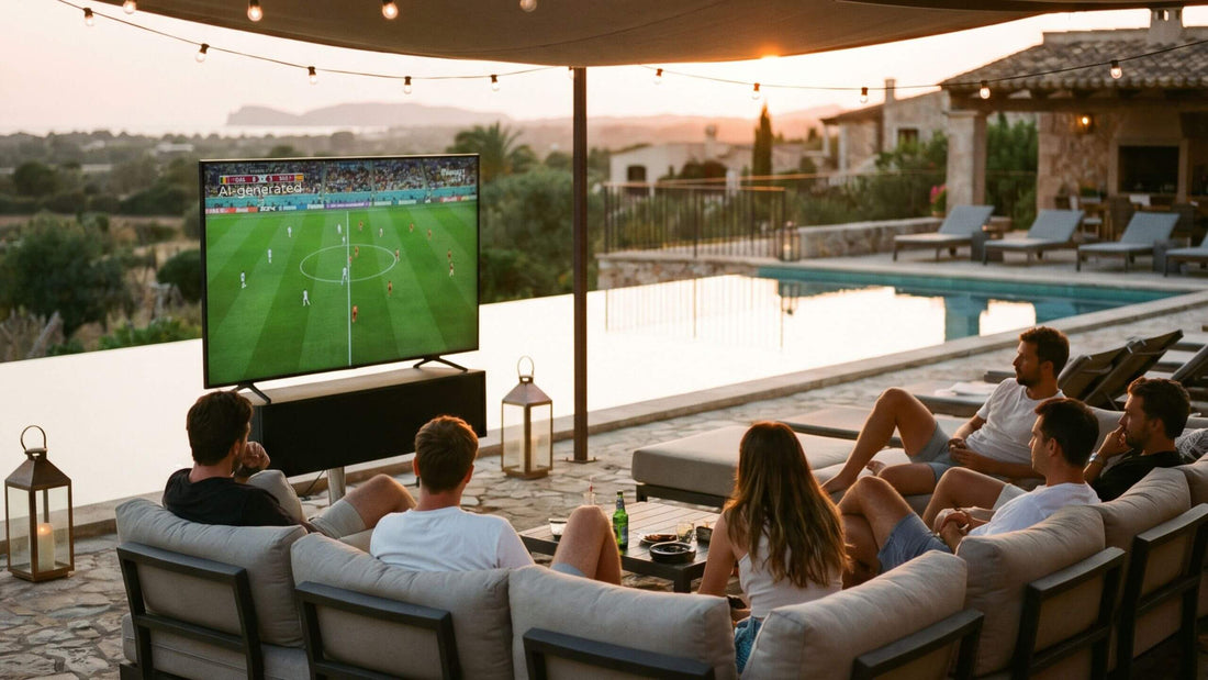 Friends watching a big-screen TV on a Mallorca finca terrace at dusk