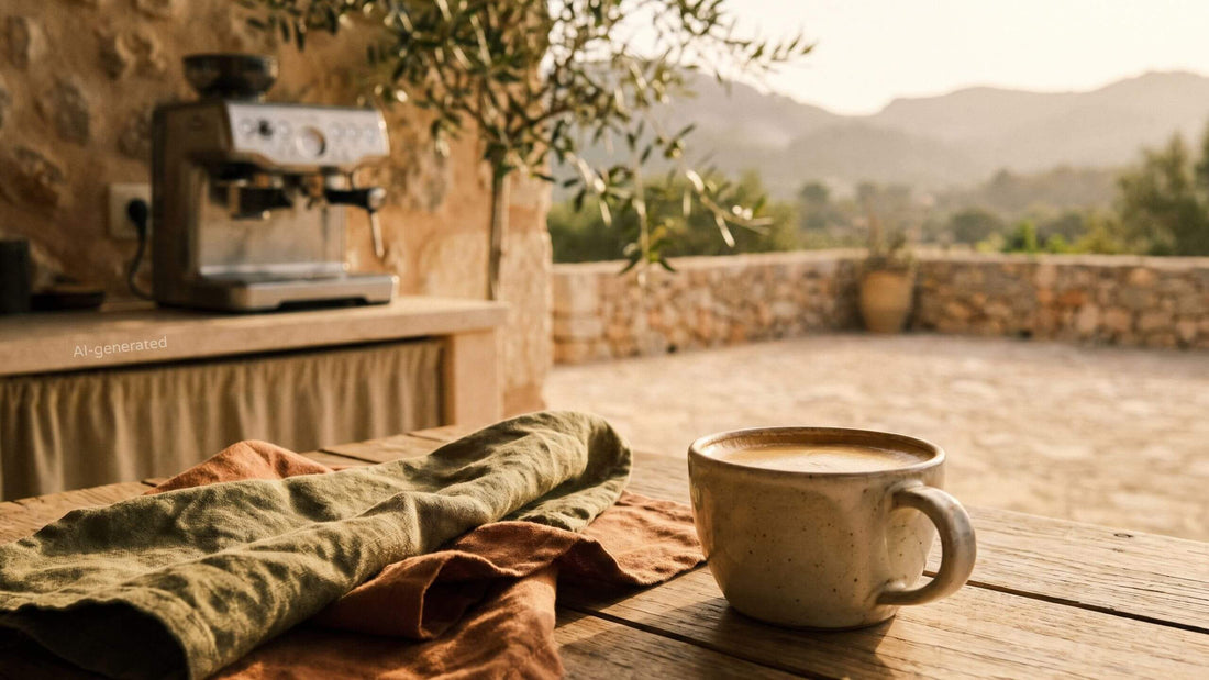 Fresh espresso on a sunlit Mallorca finca terrace in the morning