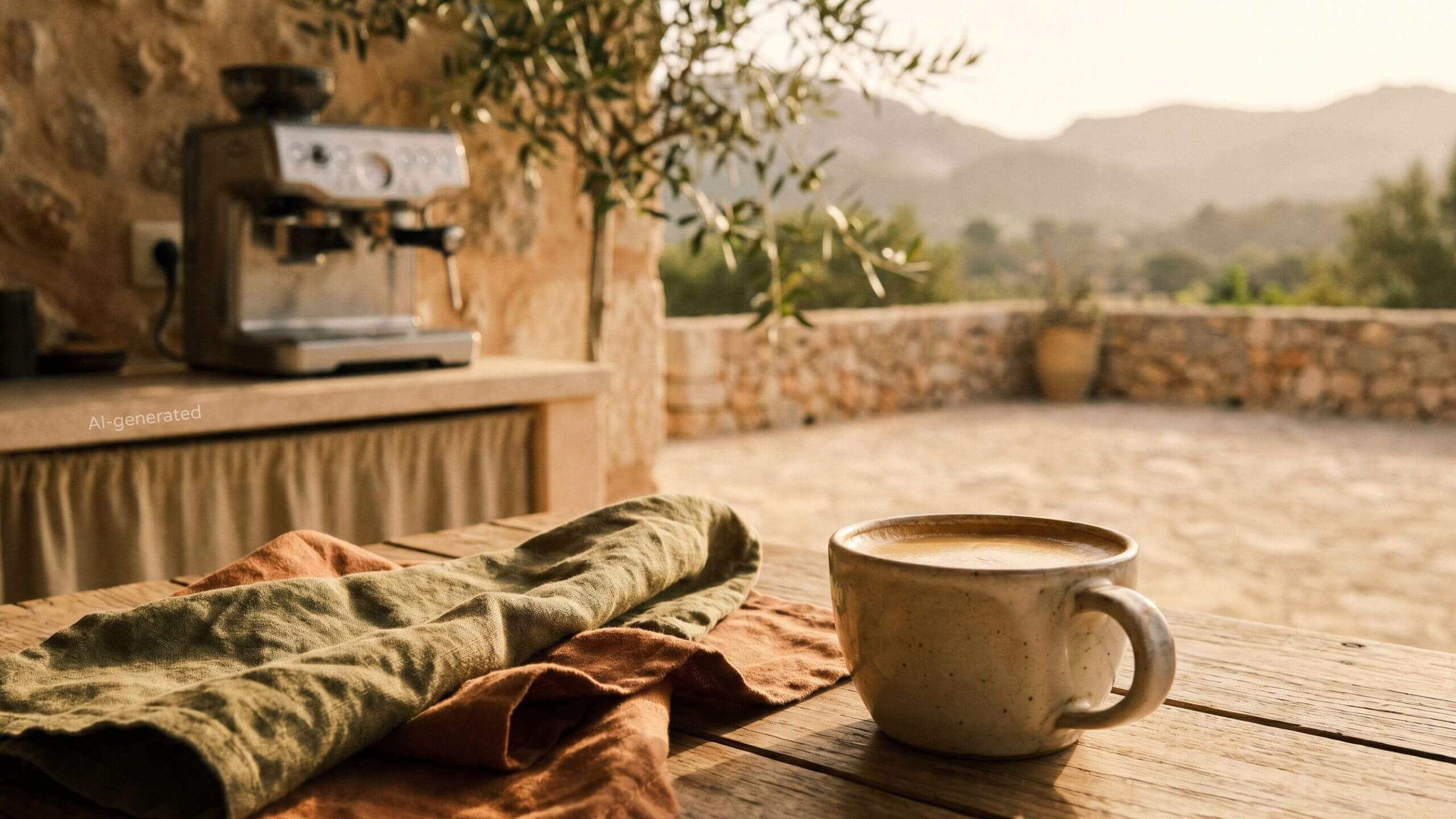 Fresh espresso on a sunlit Mallorca finca terrace in the morning