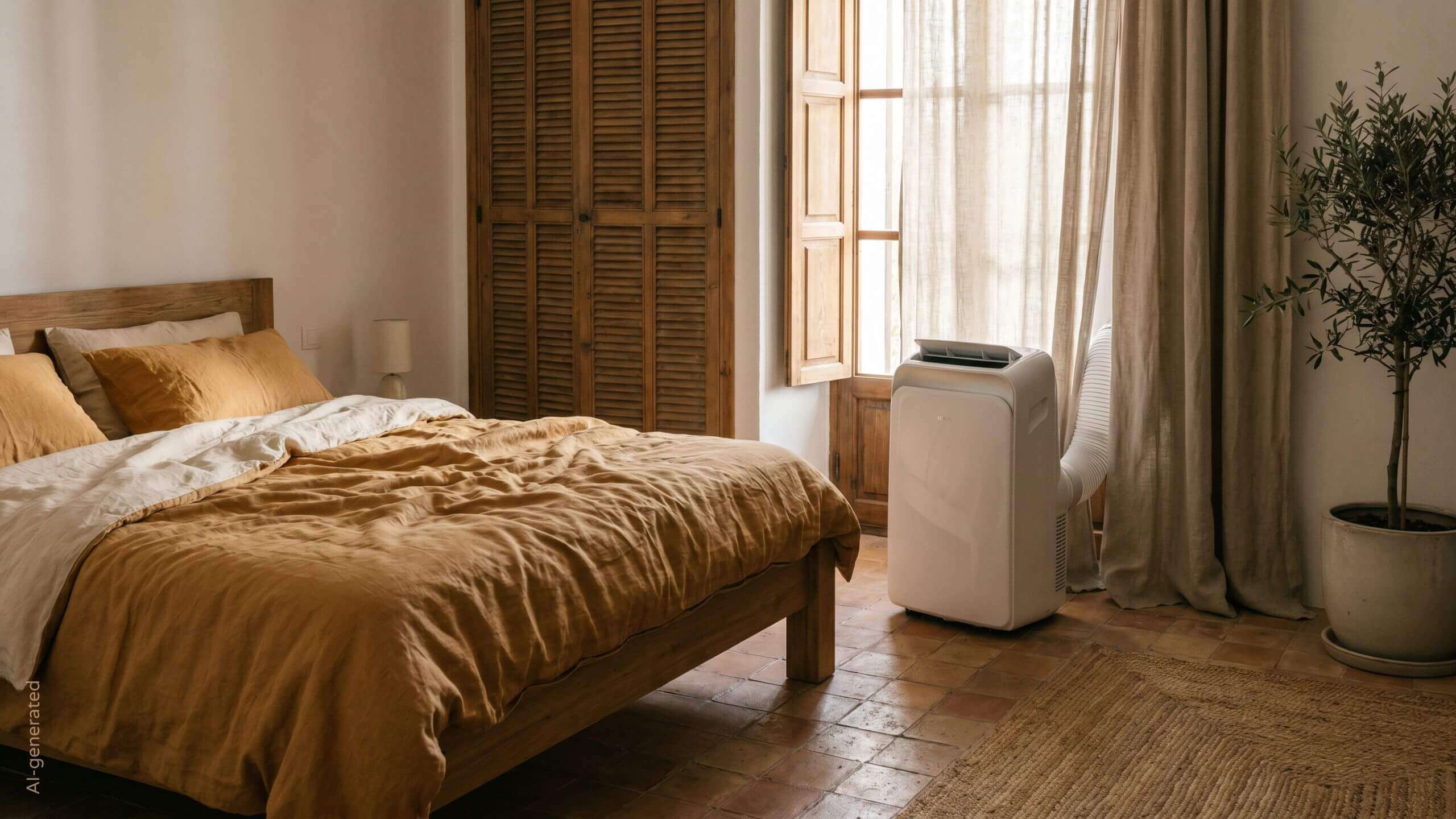 Cool, restful finca bedroom on Mallorca with a mobile air conditioner at dusk