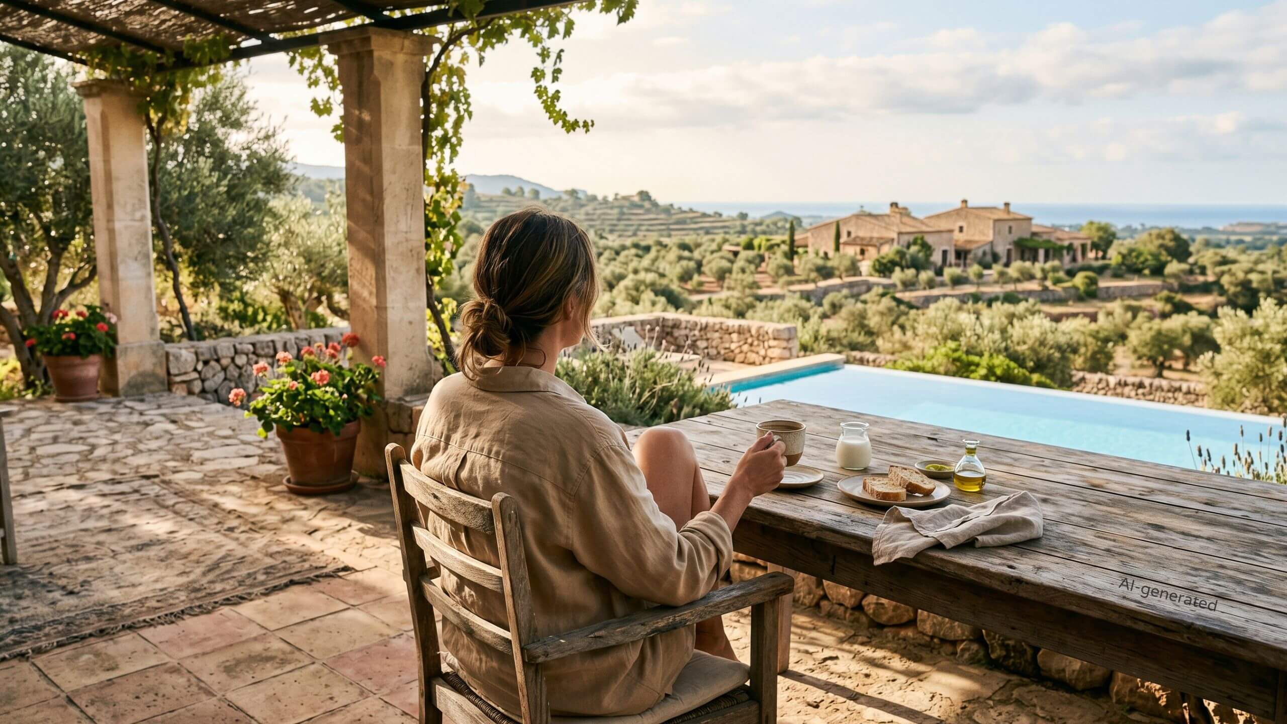 A person enjoying morning coffee on a sunlit Mallorca finca terrace