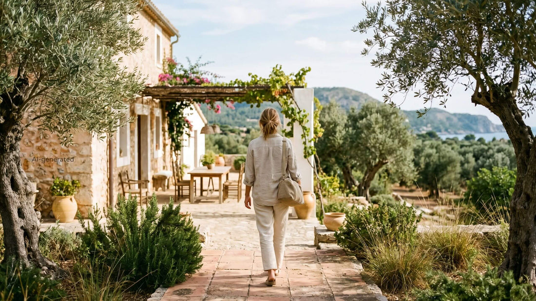 A traveller with a single small bag on a sunlit Mallorca finca terrace