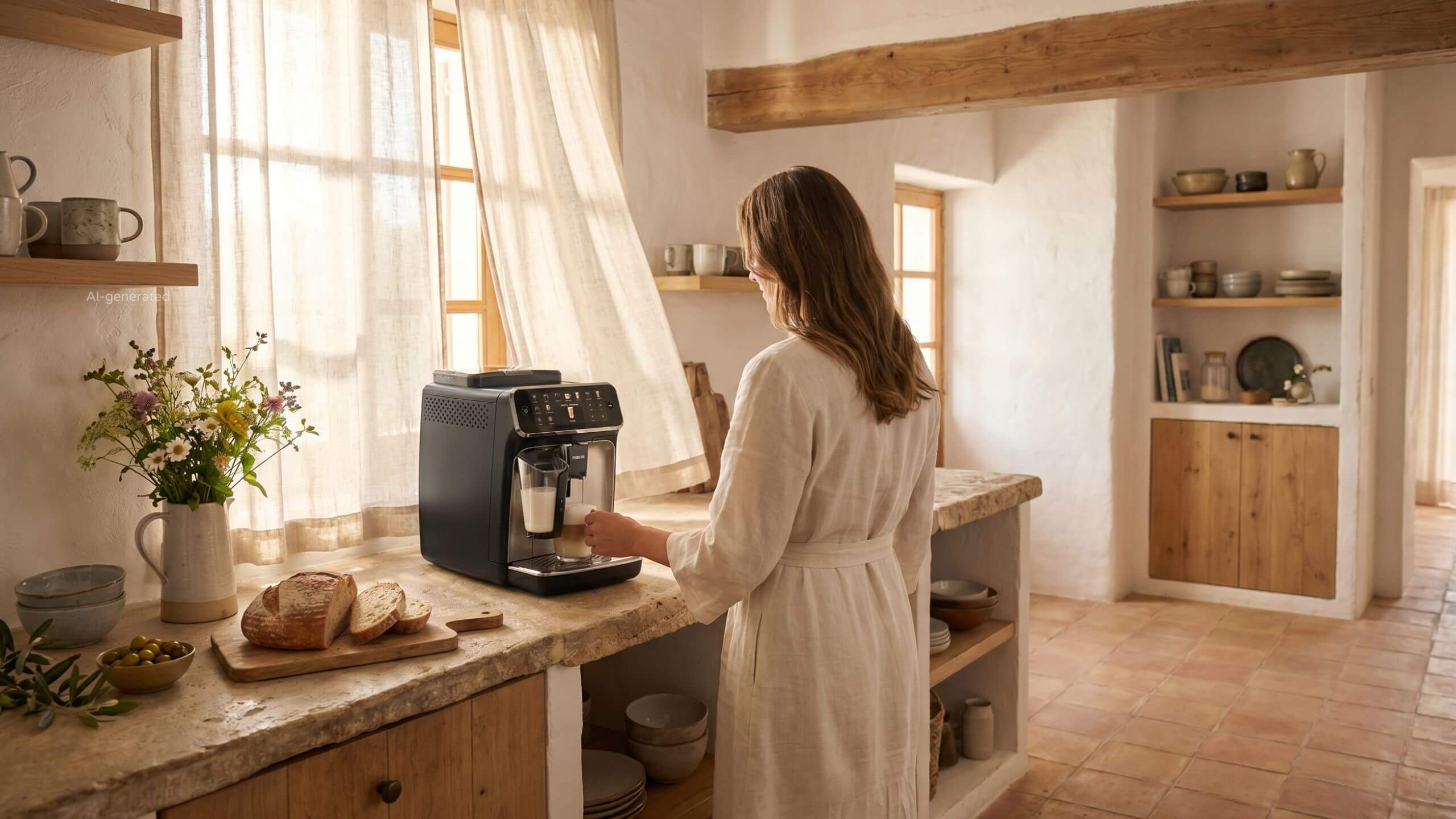 Woman in linen making coffee with a black fully automatic coffee machine in a sunlit, lived-in Mallorcan finca kitchen.