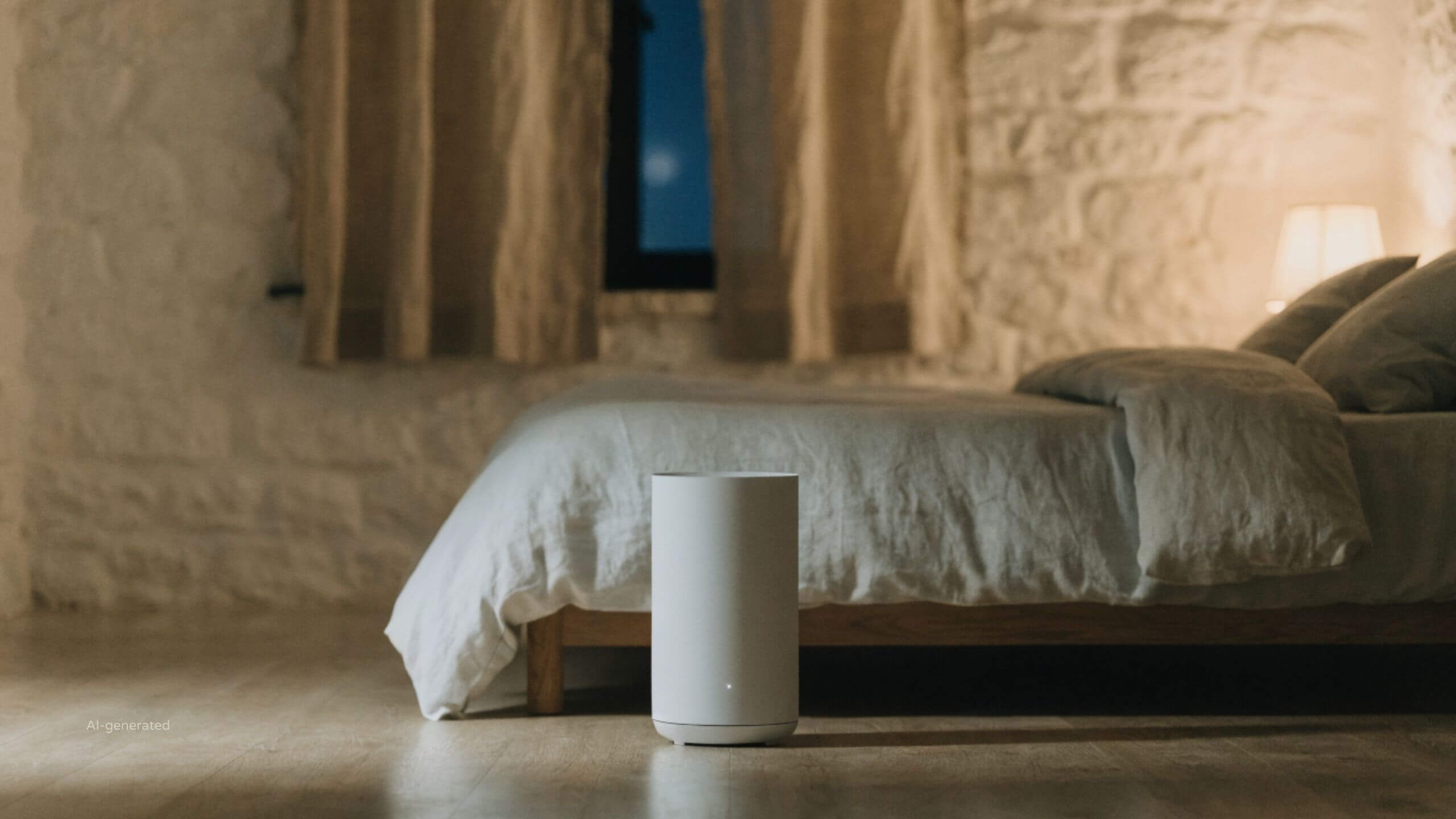 Air purifier running quietly at night in a calm, dimly lit Mallorca finca bedroom.