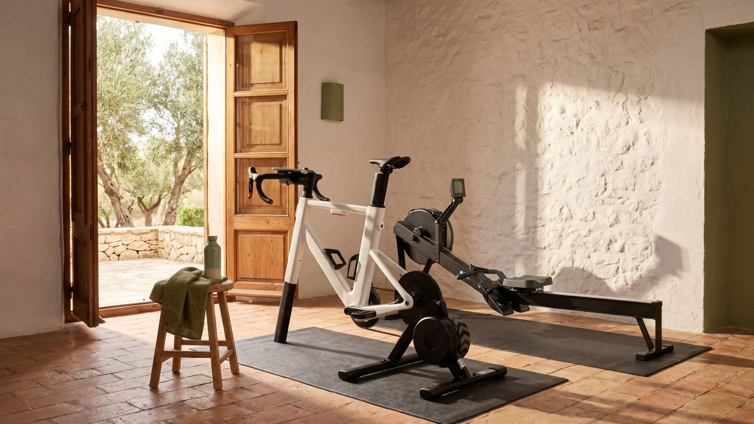 Holiday villa training space on Mallorca with a smart bike and rowing machine — fitness equipment rental by Holiday Upgrade.