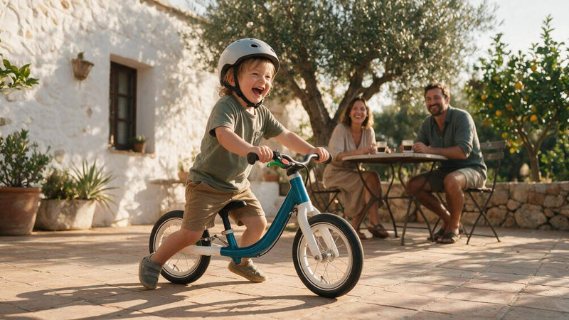 Laughing child in a helmet riding a balance bike on a sunny Mallorca finca terrace, parents relaxing at a table under an olive tree behind — kids' gear for rent island-wide