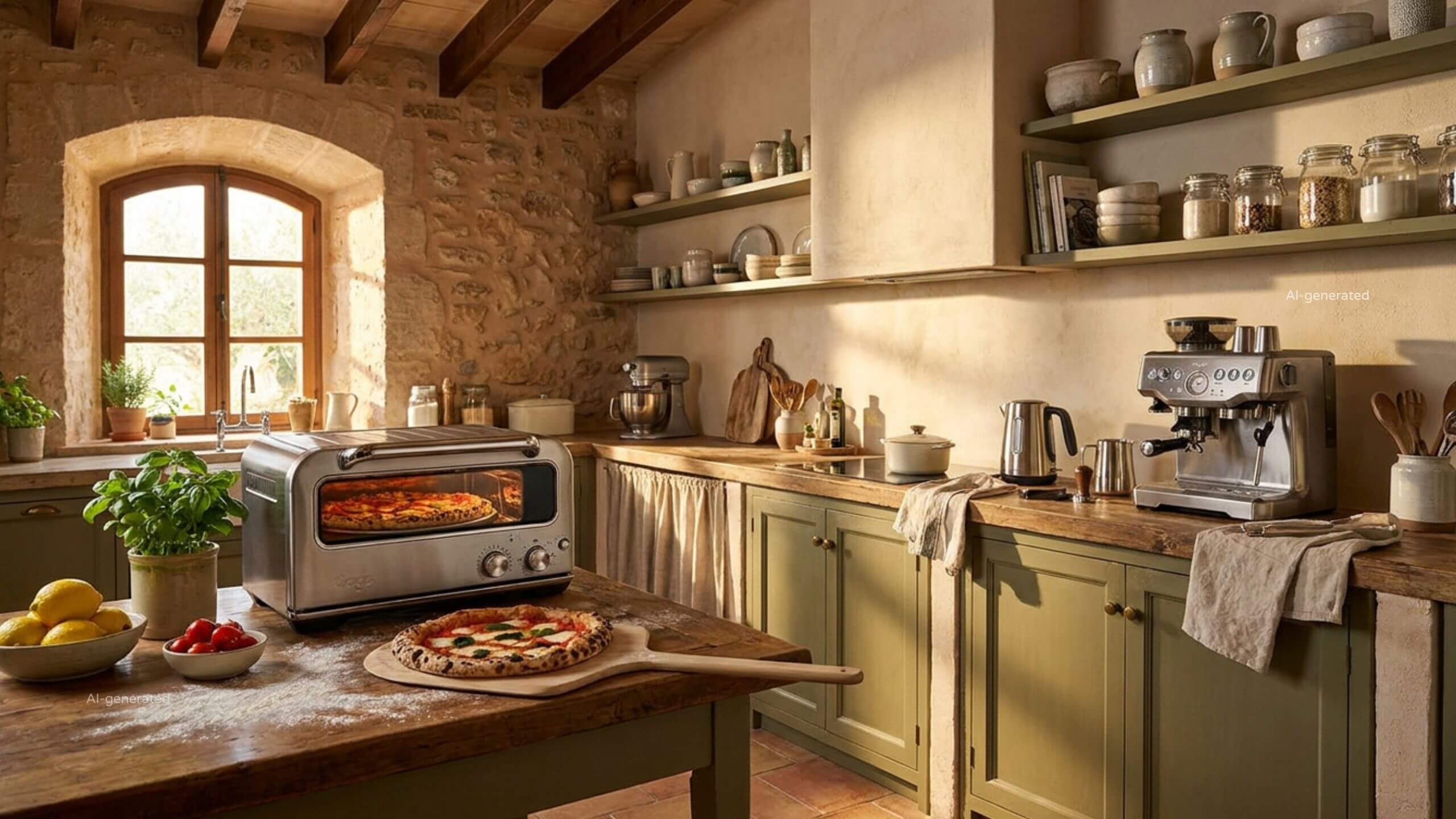 Rustic finca kitchen on Mallorca with quality kitchen equipment on a wooden countertop — countertop pizza oven, espresso machine and a freshly baked pizza in warm afternoon light.
