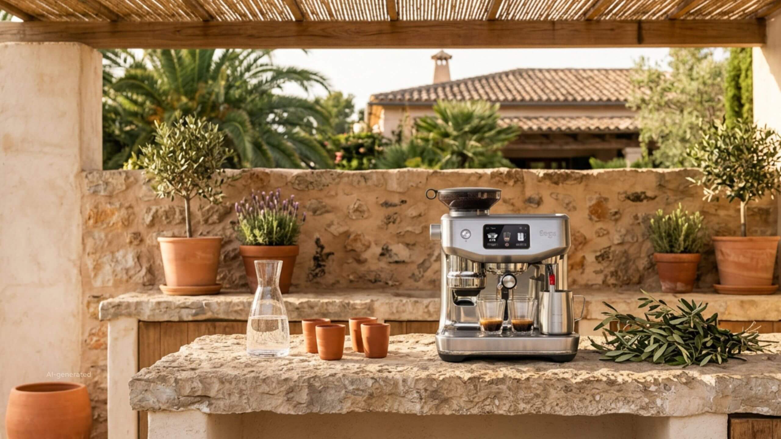 Espresso machine on a stone counter of a Mallorca finca terrace — quality holiday equipment rental by Holiday Upgrade.
