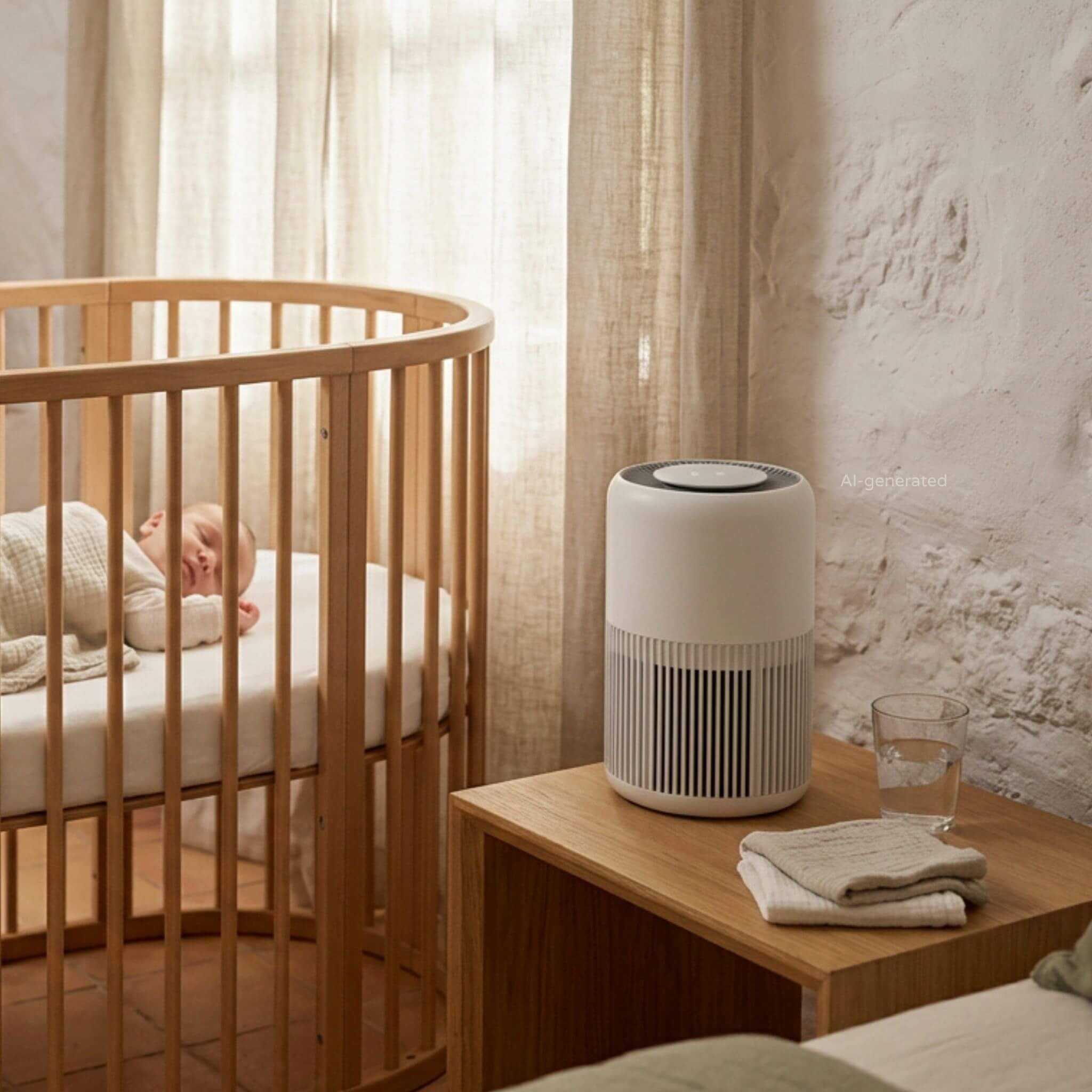 A quiet air purifier beside a crib in a calm, bright Mallorca finca nursery.