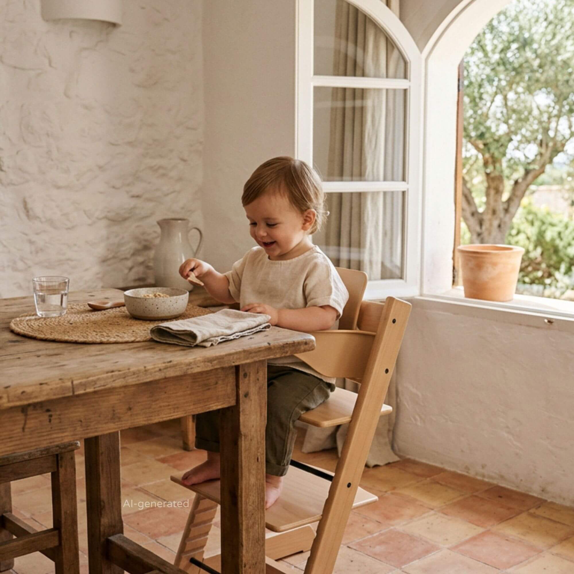 Stokke Tripp Trapp high chair set up at a bright Mallorca finca dining table.