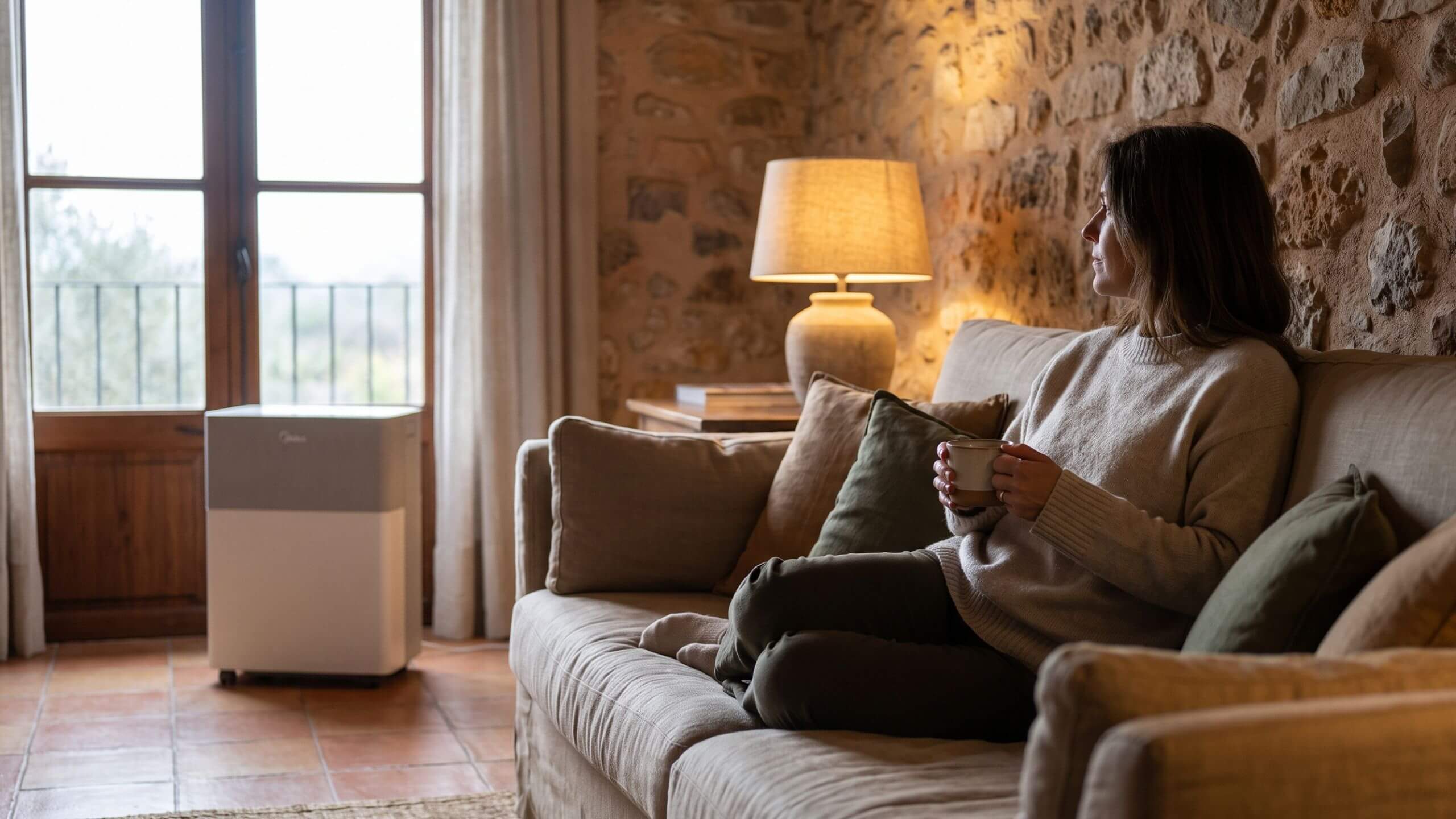 A person relaxing warm indoors in a Mallorca finca on a grey winter afternoon.